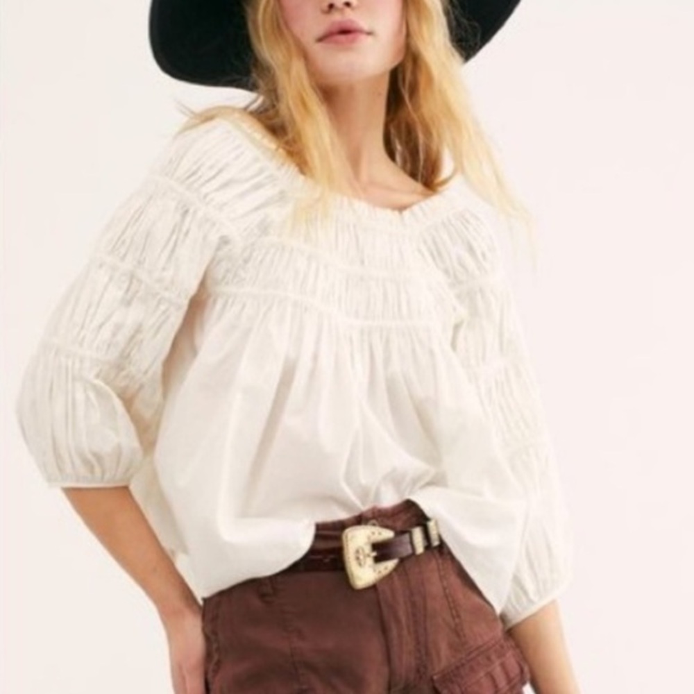 Free People sz M ivory BOHO Cece Poplin Off Shoulder ruched 3/4 sleeve blouse
